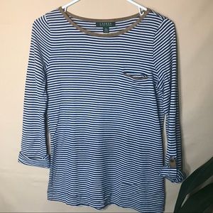 LAUREN Ralph Lauren navy striped 3/4 Tab Sleeve S